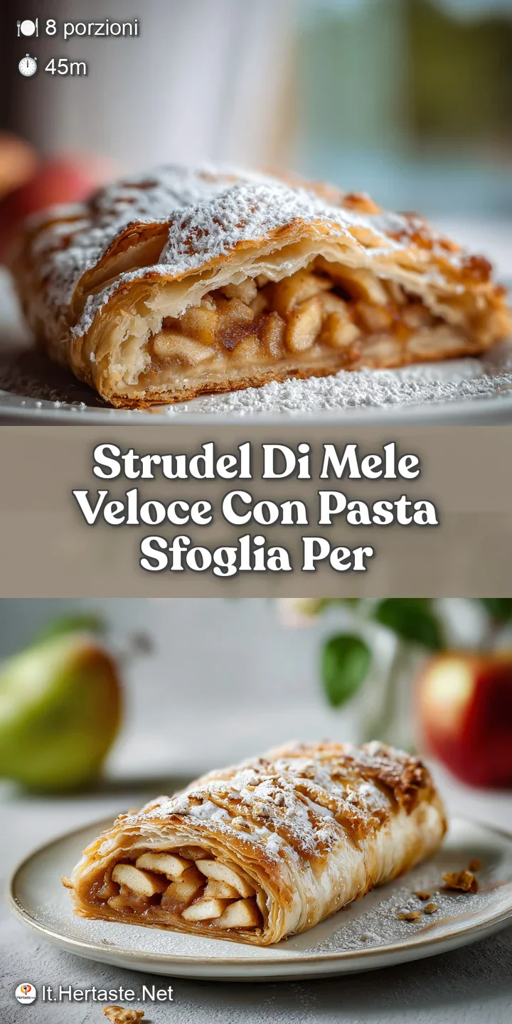 Close-up of a perfectly baked apple strudel. Swirls of golden, flaky pastry and glistening baked apples. Warm, inviting, a...