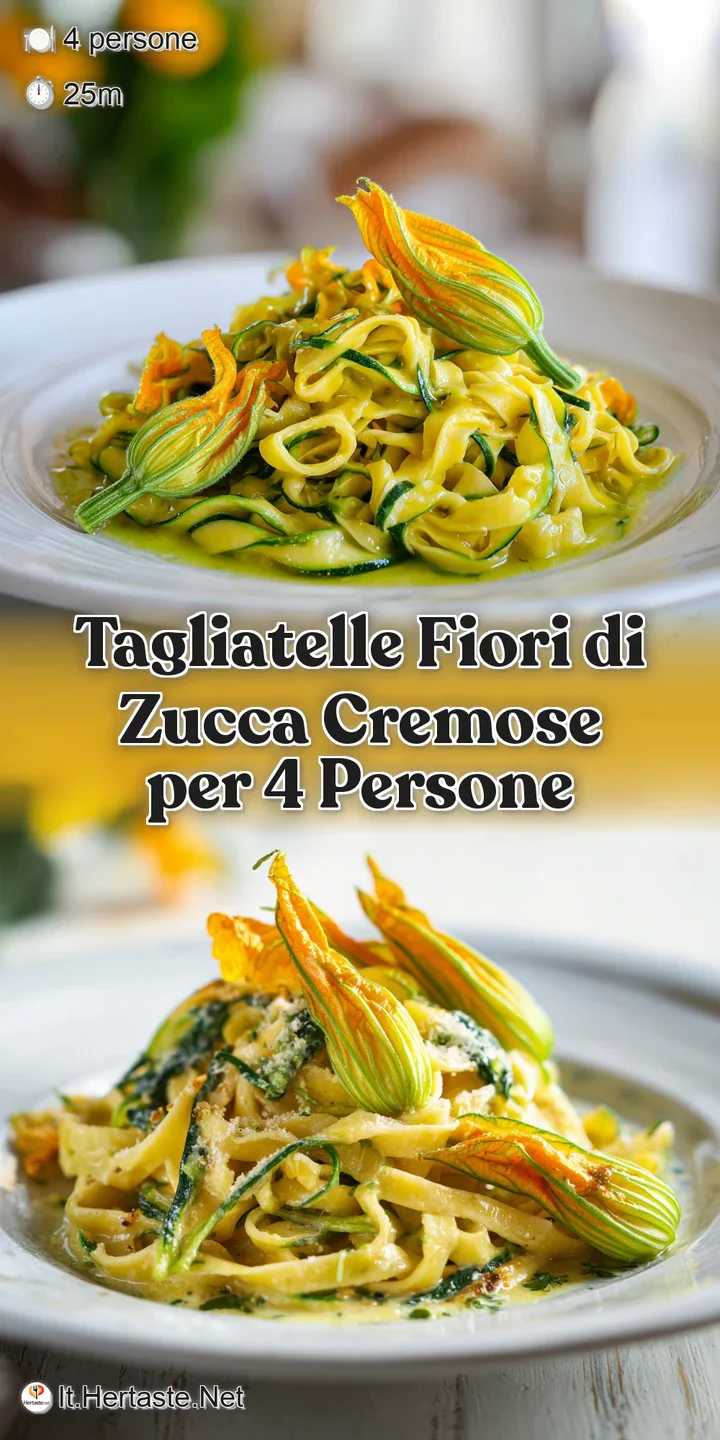Close-up of creamy tagliatelle, showcasing the bright yellow zucchini blossoms and glistening, inviting texture.