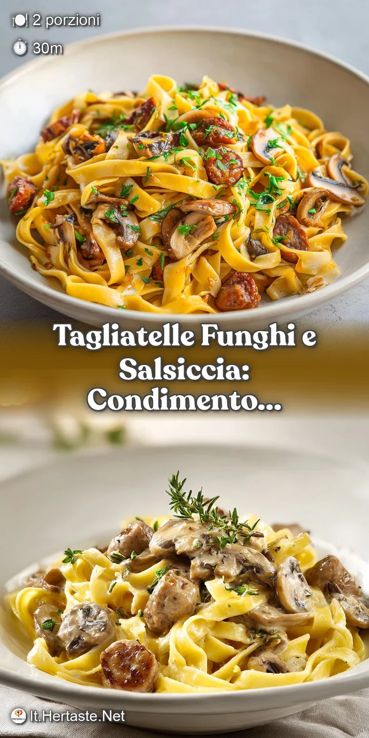 Close-up showing the creamy texture of tagliatelle, savory sausage pieces, and earthy mushrooms, all coated in a rich, app...