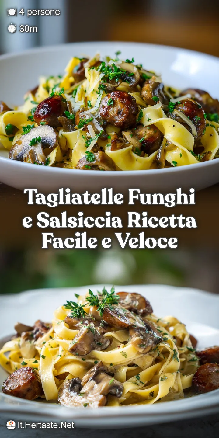 Close-up shows steaming tagliatelle with sausage and mushrooms, glistening with a creamy sauce. Fresh parsley adds a burst...