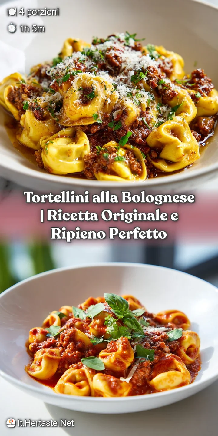 Close-up of tender tortellini coated in a vibrant, slow-cooked meat sauce with melted cheese strands.