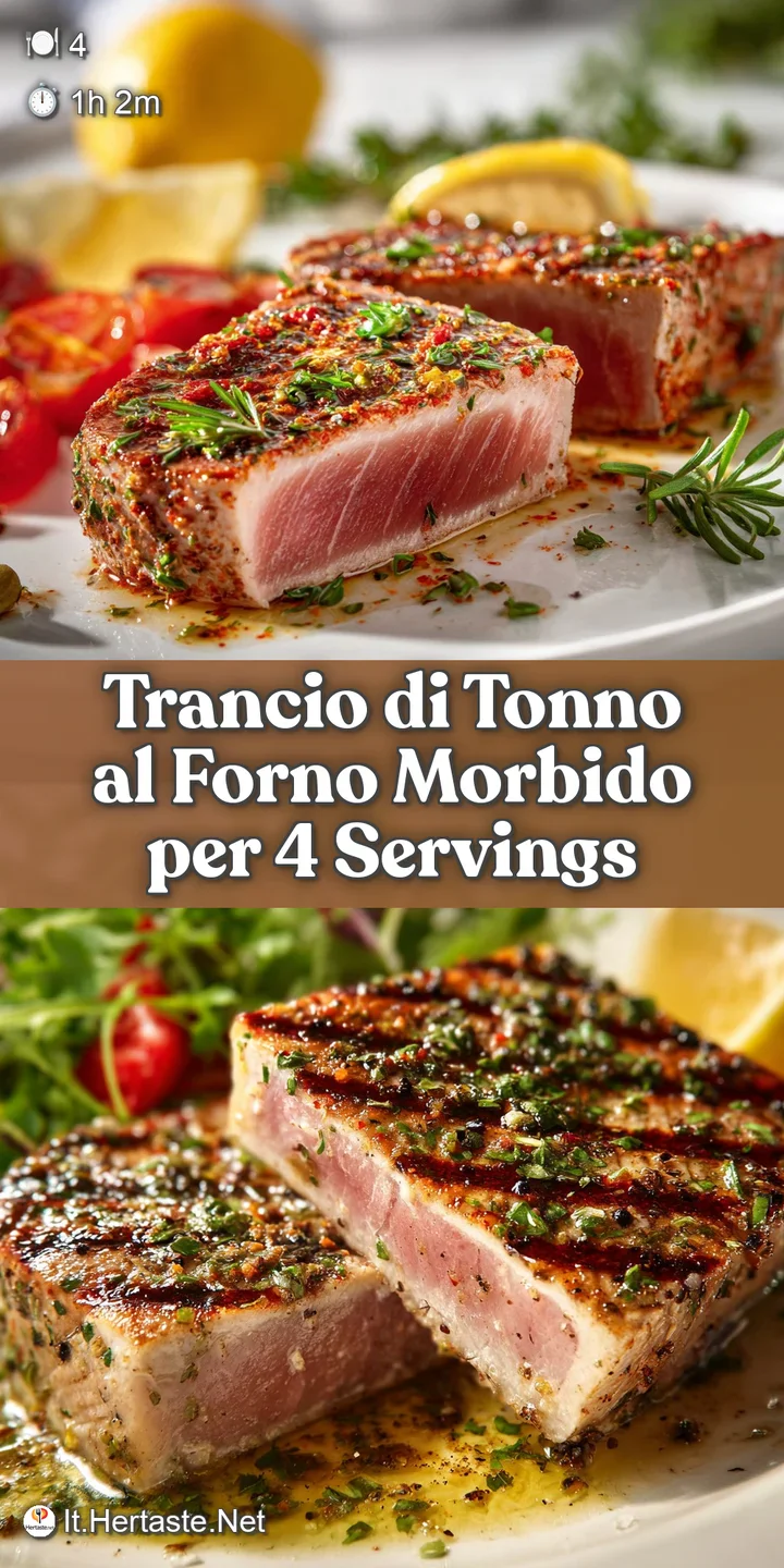 Close-up of a fork tender tuna steak, showing moist texture, golden-brown crust, and specks of herbs with a light glisteni...