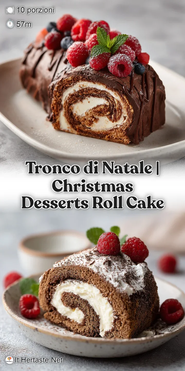 Close-up of a rich chocolate Yule Log swirl, dusted with fine white sugar and a hint of red berry.