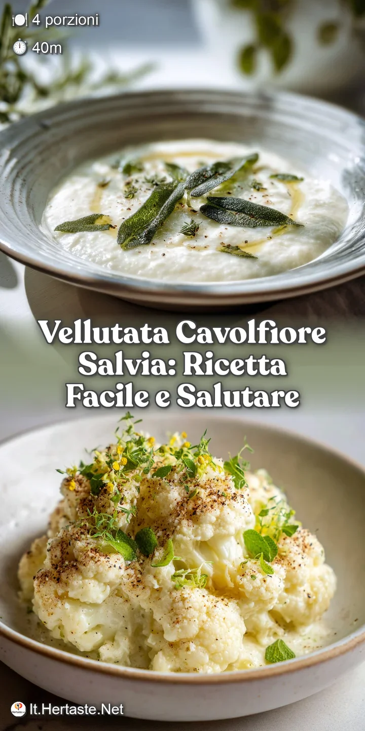 Close-up of velvety smooth cauliflower soup. Crispy sage leaves and golden oil create an inviting and comforting texture.