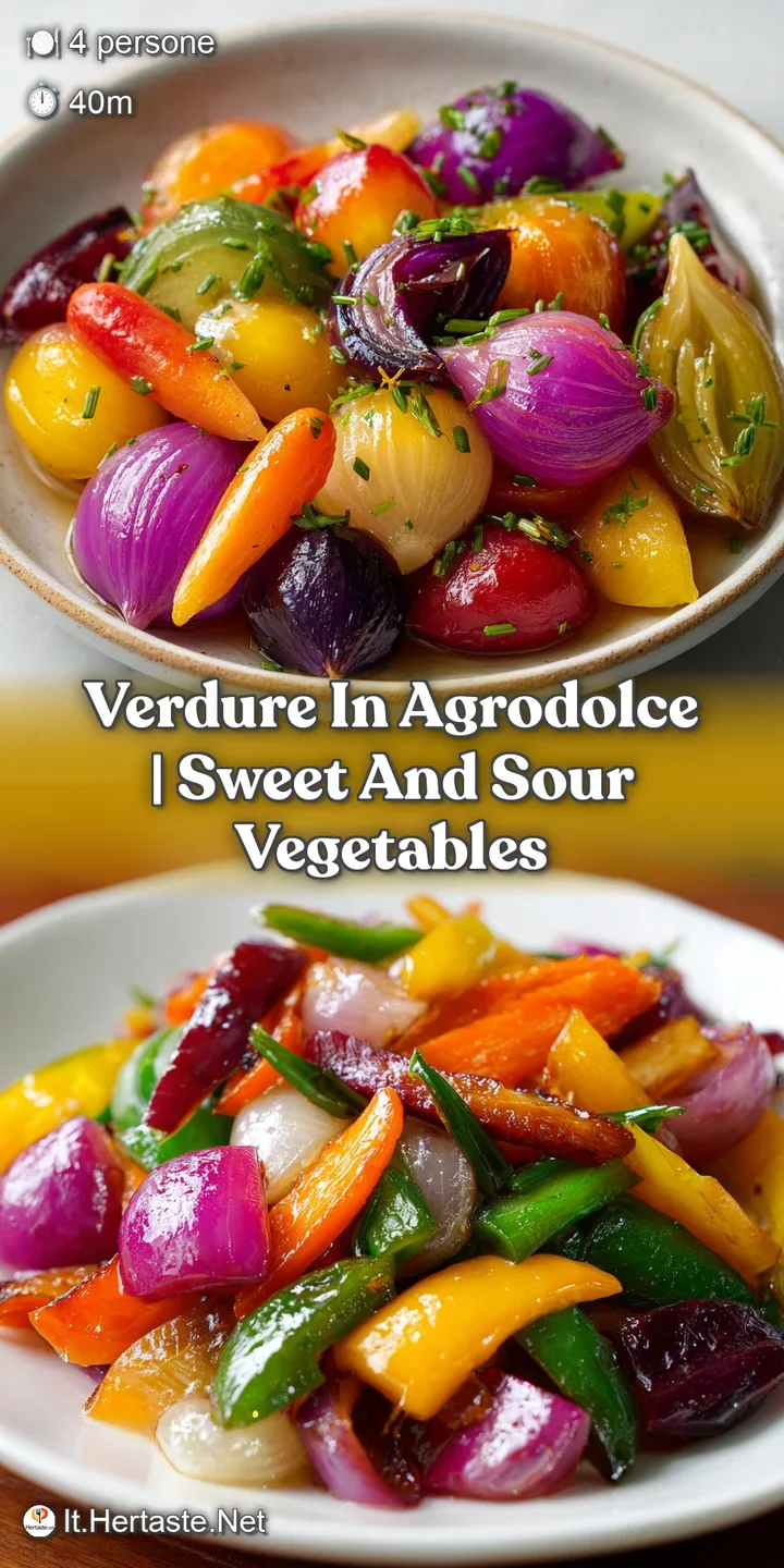 Primo piano di carote e cipolle caramellate, texture morbida e succosa con gocce di glassa agrodolce che brillano.