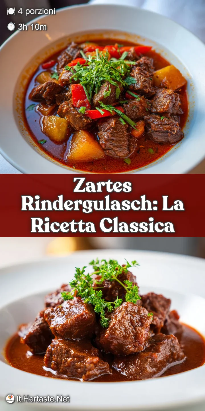 Close-up of glistening, fork-tender beef goulash with a deeply colored, savory gravy. Steam rises, tempting tastebuds.