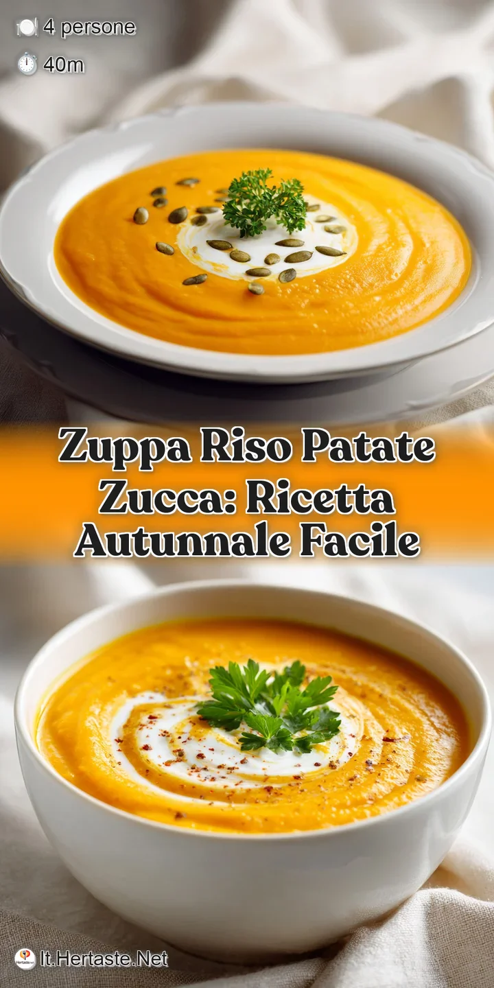 Close-up of creamy potato and squash soup, showing visible grains of rice and flecks of herbs. Inviting and warm, light re...