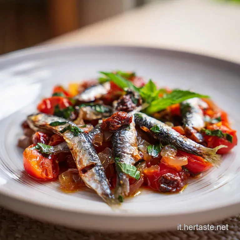 Glossy anchovies artfully arranged on a plate, glistening with oil and herbs, hinting at a savory, flavorful experience.