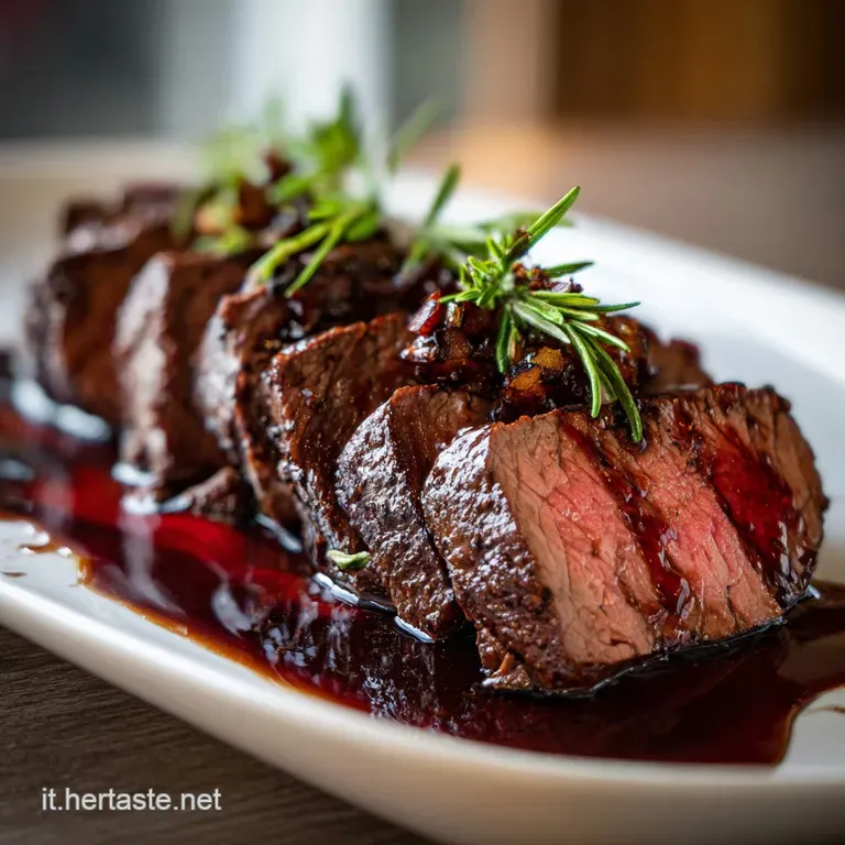 Elegant plate featuring a juicy slice of roast beef with rich brown gravy, alongside colorful roasted carrots and potatoes.