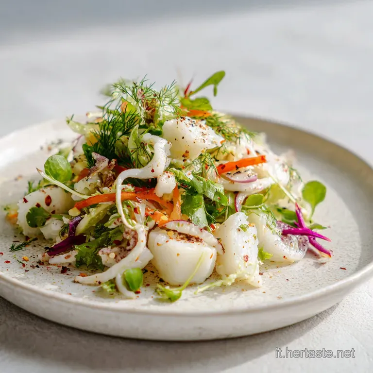 Elegant plate with bright white flakes of salt cod, vibrant diced vegetables, and fresh herbs, drizzled with oil.