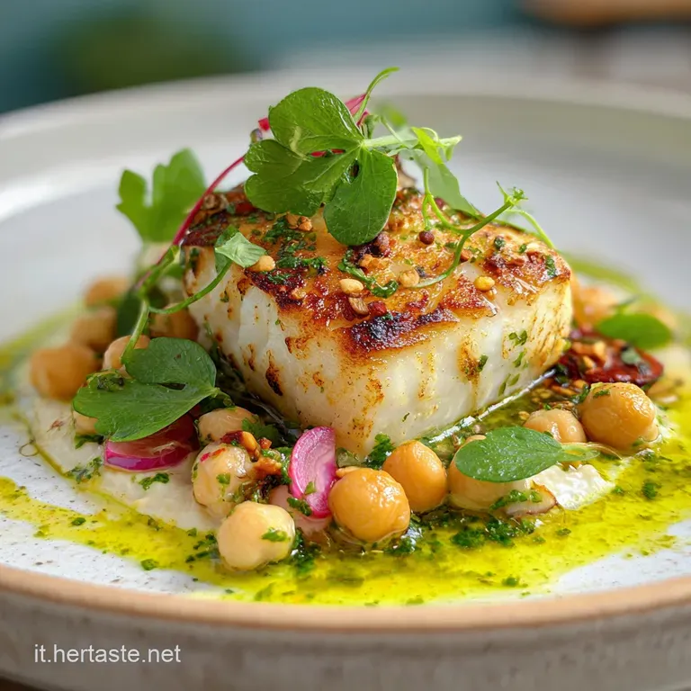 Flaky white baccal&agrave; nestled atop a swirl of smooth, pale yellow ceci crema, garnished with bright green parsley.