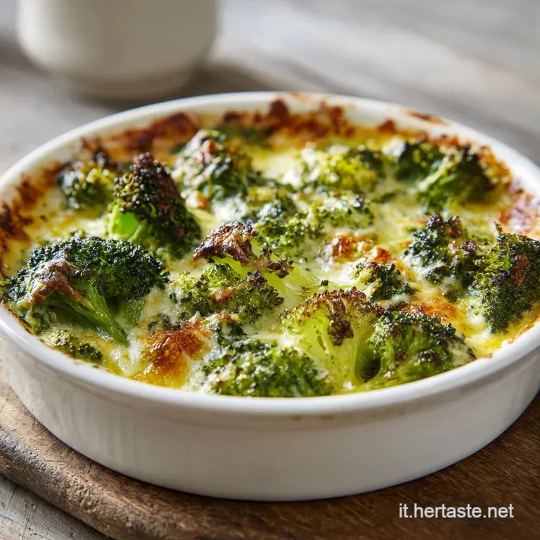Creamy broccoli gratin in a white ramekin, garnished with fresh parsley sprigs, hints of steam suggest it's fresh from the...