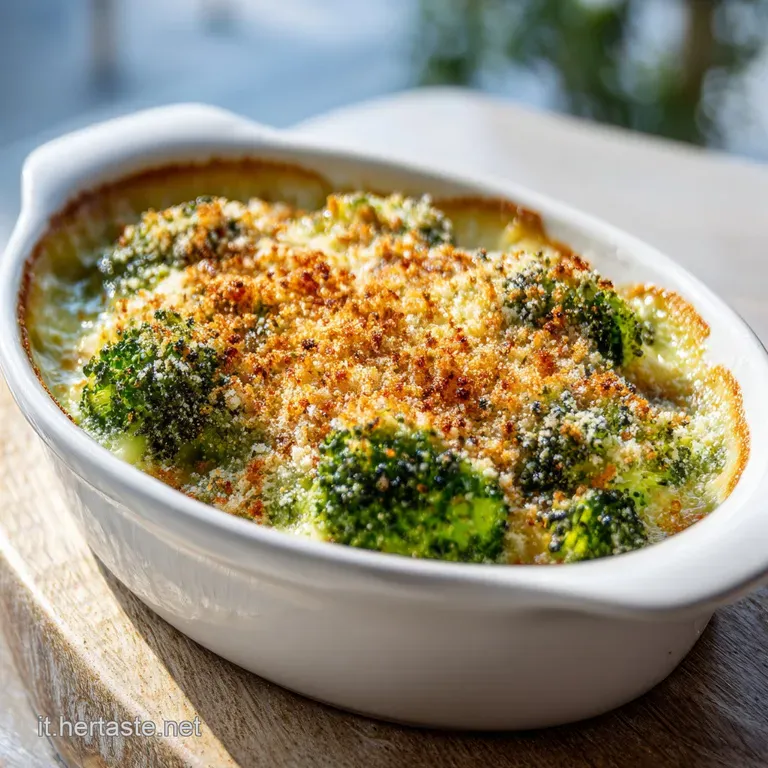 Creamy broccoli gratin plated with toasted breadcrumbs and fresh herbs, hinting at warmth and comforting flavors.