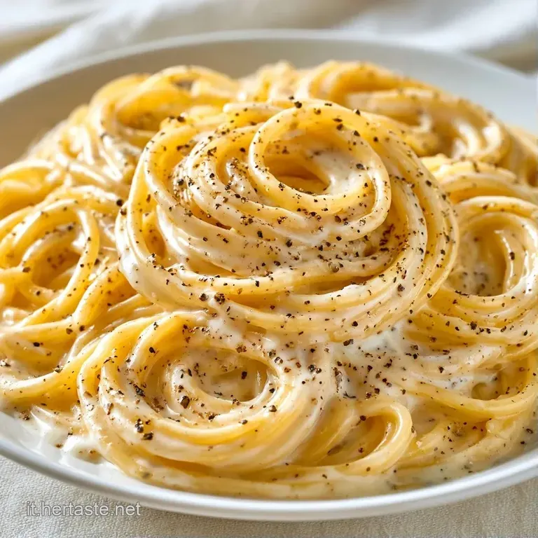 Nido di pasta lucida e cremosa in un piatto di ceramica scuro, decorato con una pioggia di pepe nero macinato grosso.