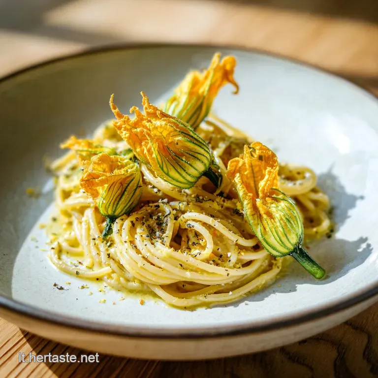 Elegant swirl of pale yellow pasta dotted with vibrant fried zucchini flowers, accented by cracked black pepper.