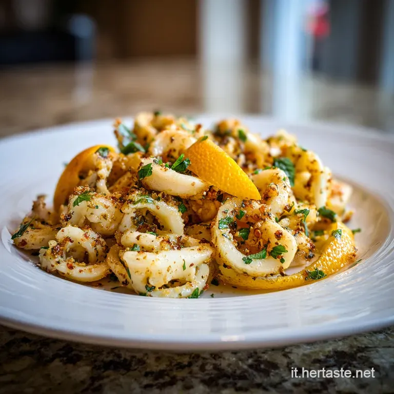 Plated calamari al forno, tender white rings flecked with browned bits, a bright lemon wedge and fresh parsley garnish.