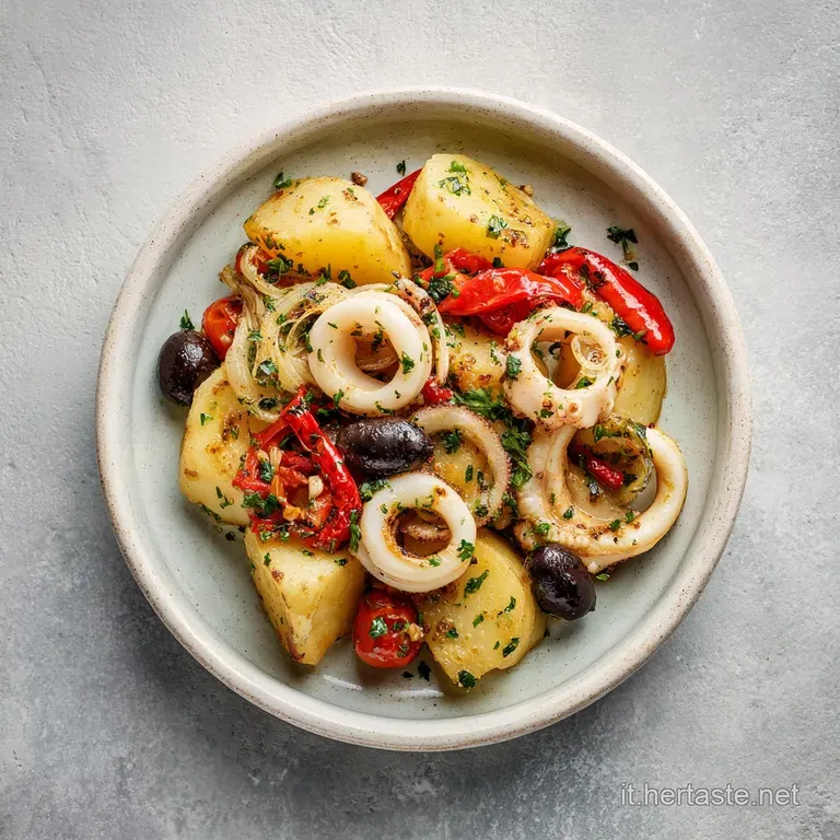 Golden pan-seared squid and soft potatoes garnished with herbs and lemon slices on a refined ceramic plate.