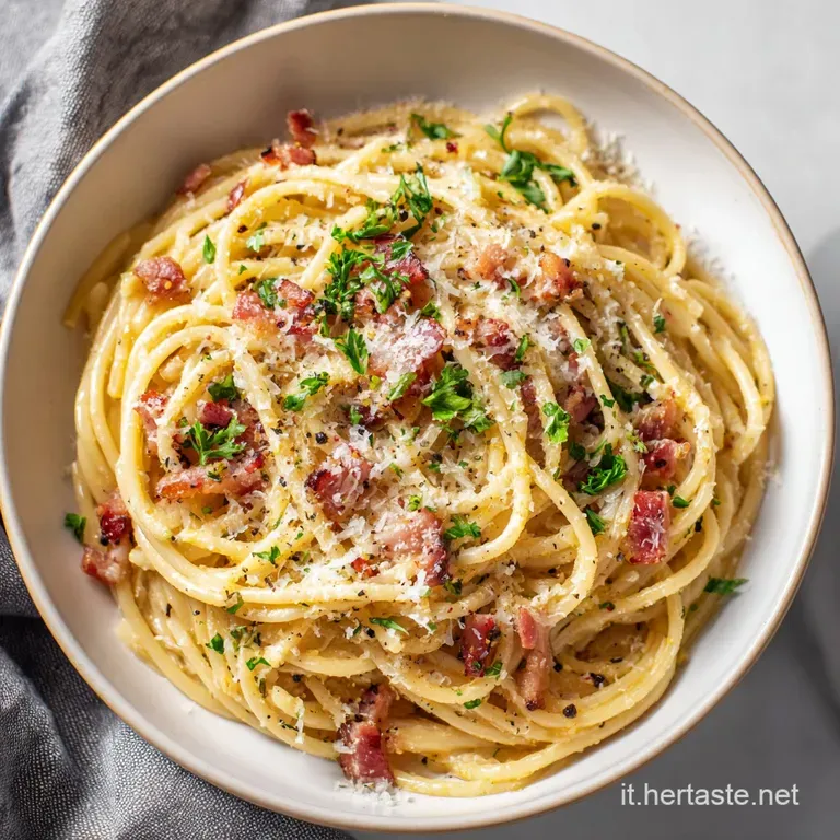 Perfectly twirled carbonara on a white plate. Rich egg yolks glisten beside crunchy pancetta and coarsely ground black pep...