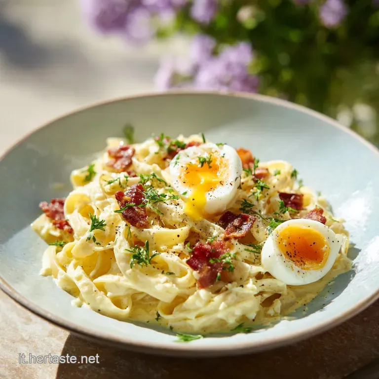 Elegant carbonara plate: golden yolk oozes over twirled pasta, dotted with crispy guanciale and a dusting of Parmesan.