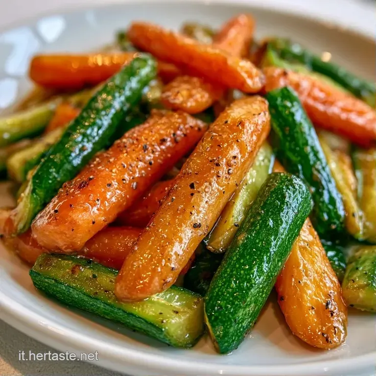 Cubetti di carote arancioni e zucchine verdi brillanti disposti in un piatto bianco, rifiniti con un filo d'olio.