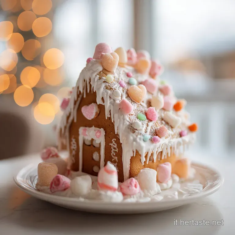 A slice of gingerbread house on a white plate, adorned with sugar cookies and candy.