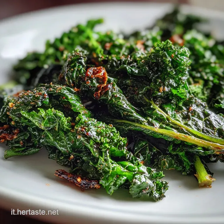 Dark green saut&eacute;ed kale artfully arranged on a white plate, steam rising slightly, speckled with toasted garlic slivers fo...