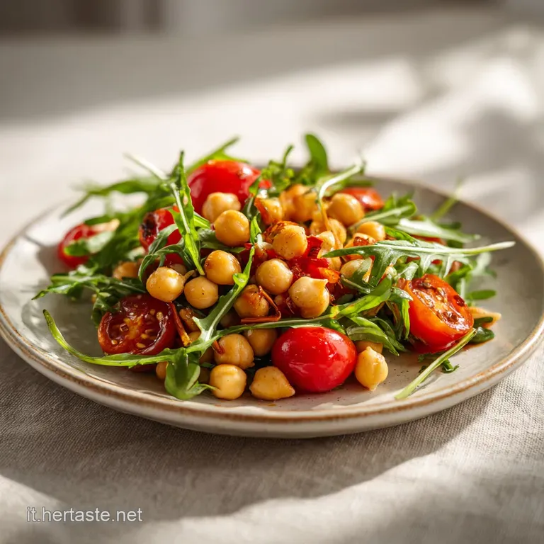 A perfectly plated salad with jewel-toned tomatoes, peppery arugula, and plump chickpeas drizzled with a shimmering, light...