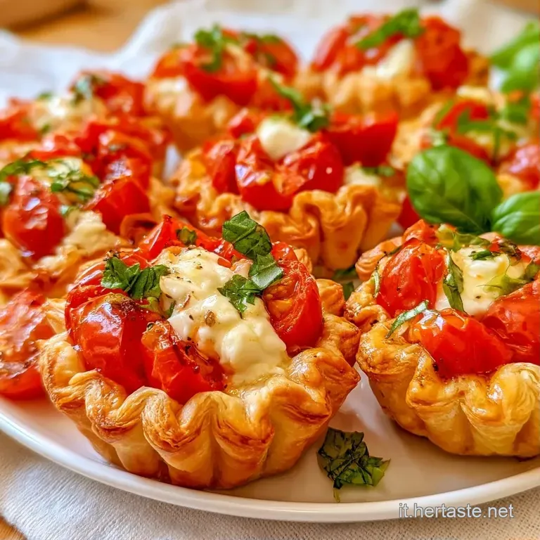 Cestini croccanti disposti con cura su un piatto bianco, farciti con perle di mozzarella morbida e pomodorini succosi.