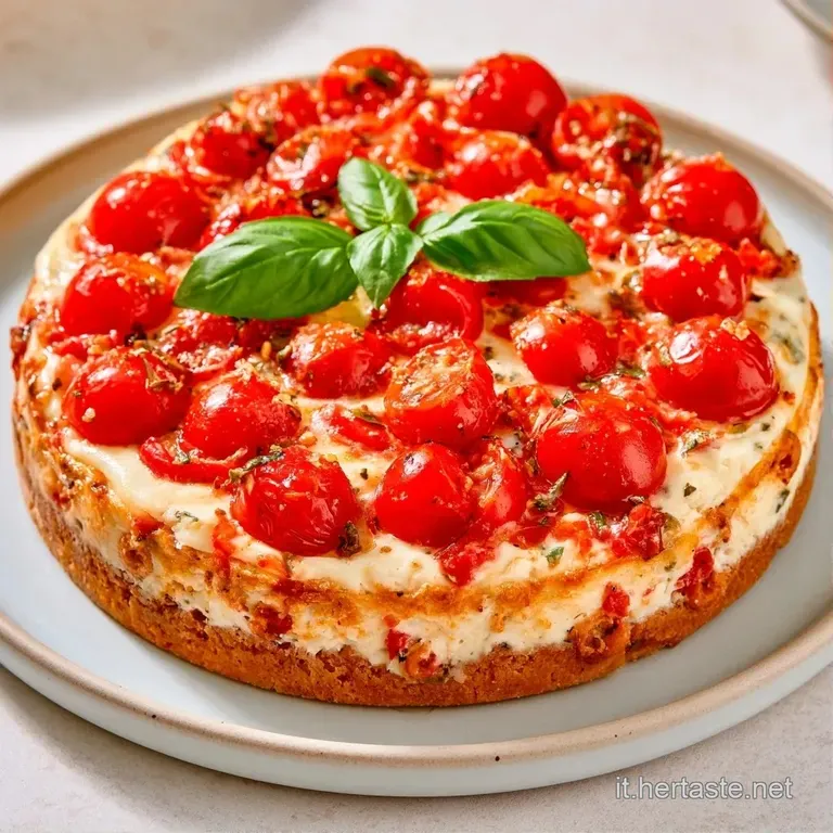 Fetta di torta cremosa su piatto bianco, base di taralli croccanti, gocce d'olio lucido e un rametto di basilico fresco.