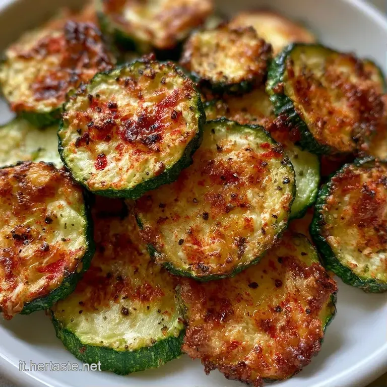 Pile di chips di zucchine verde brillante e bordi tostati, servite con eleganza accanto a una salsa cremosa bianca.