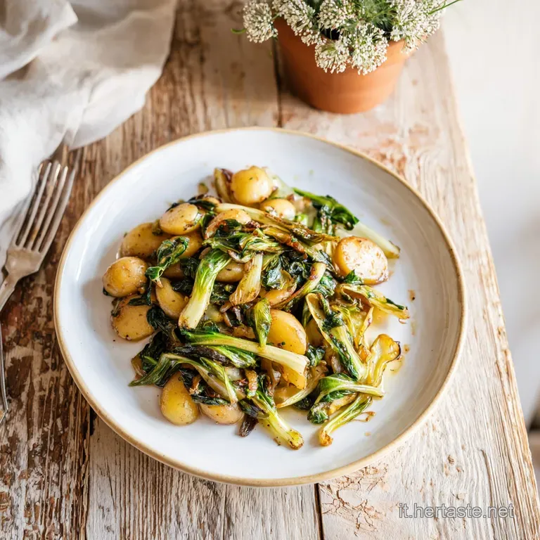 A swirl of earthy green cicoria & cubed potatoes artfully plated. Drizzled oil glistens, inviting rustic Italian side dish.