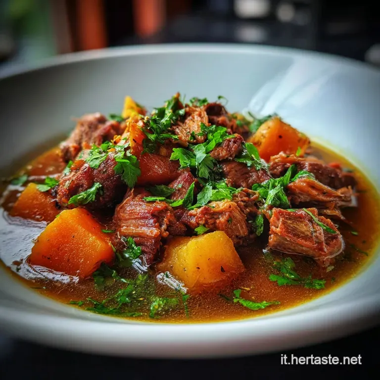 Elegant serving of braised wild boar in a deep bowl, the glistening sauce coating the meat, garnished with vibrant green h...