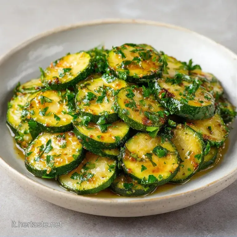 Sottili fette di zucchina verde brillante disposte con cura, lucide di olio e decorate con erbe aromatiche fresche.