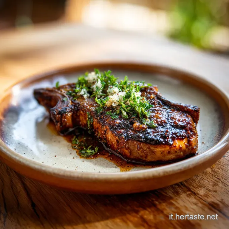 Perfectly seared lamb chop glistening on a plate, garnished with fresh herbs and a swirl of flavorful pan sauce.