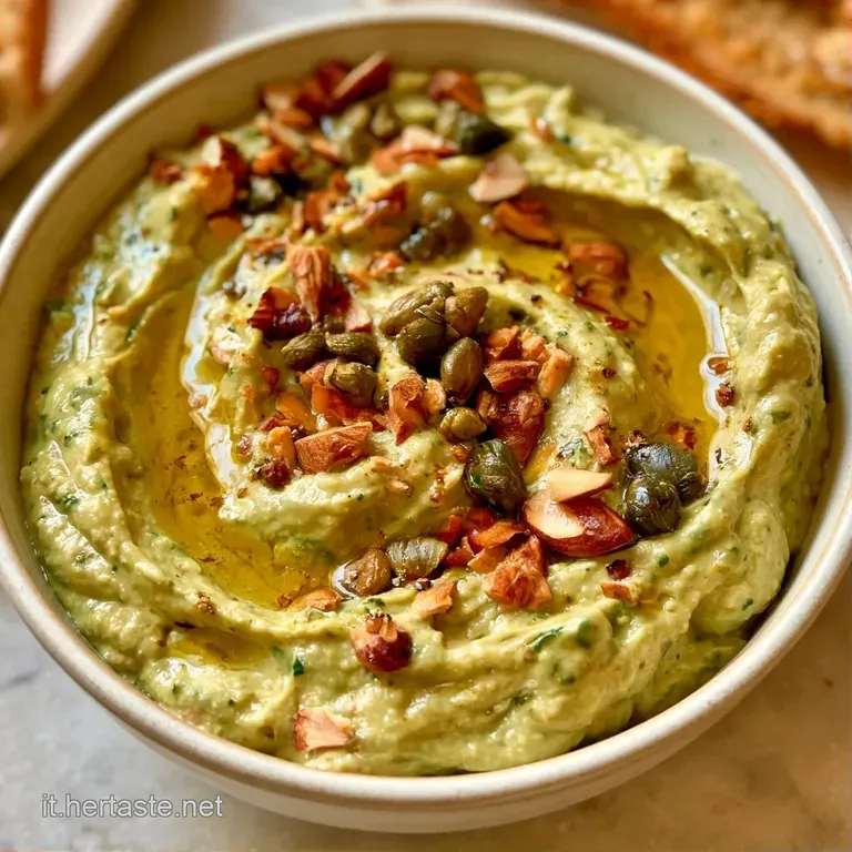 Crema verde densa spalmata su crostini tostati e croccanti, decorata con olive nere a rondelle e pepe nero.