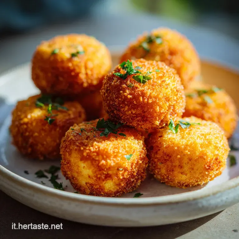 Creamy potato croquette oozing with a molten cheese center, plated artfully with a vibrant green sprig against a dark back...