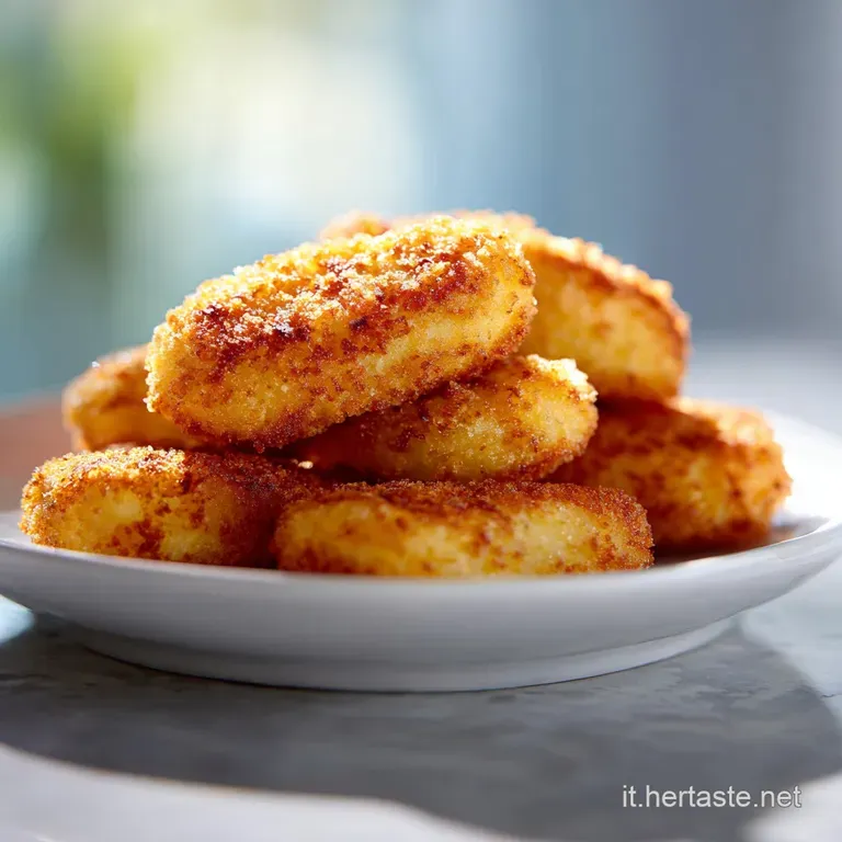 Three golden potato croquettes, artfully arranged on a white plate, sprinkled with herbs, offering a tempting appetizer.