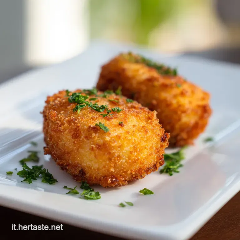 Perfectly formed potato and rice croquette plated with a vibrant green sprig, hints of steam suggest warmth.