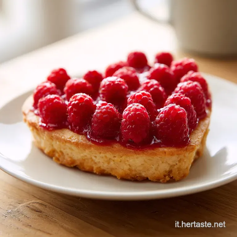 Fetta di dolce dorata su piatto bianco, confettura rossa brillante e polvere di zucchero a velo, luce naturale.
