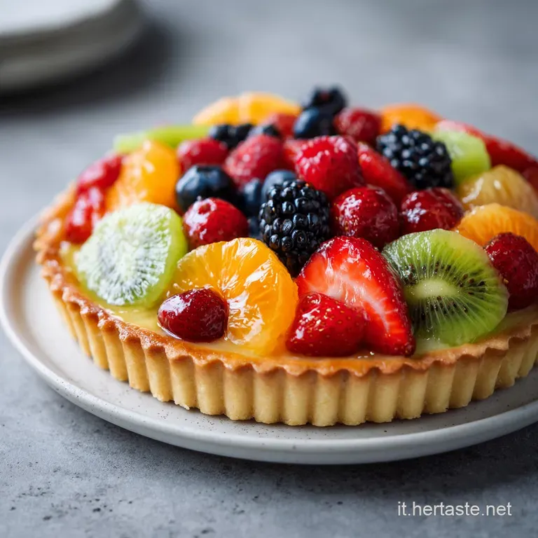 Elegant slice of fruit tart on a white plate, featuring vibrant berries and a light dusting of powdered sugar.