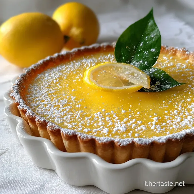 Slice of lemon tart on a white plate with a fork, revealing the creamy filling and flaky crust. A bright, inviting dessert.