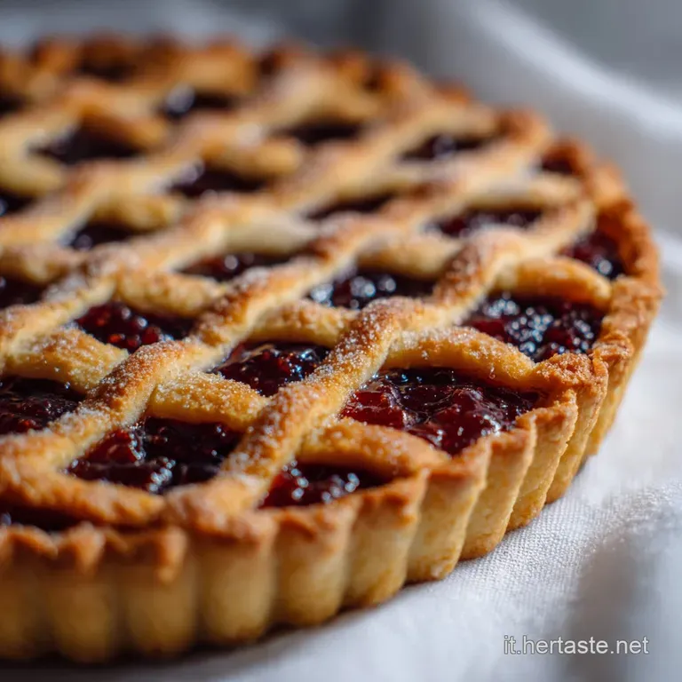 Slice of jam crostata on a white plate. Buttery crust with a vibrant jam center. A delightful contrast of textures and fla...