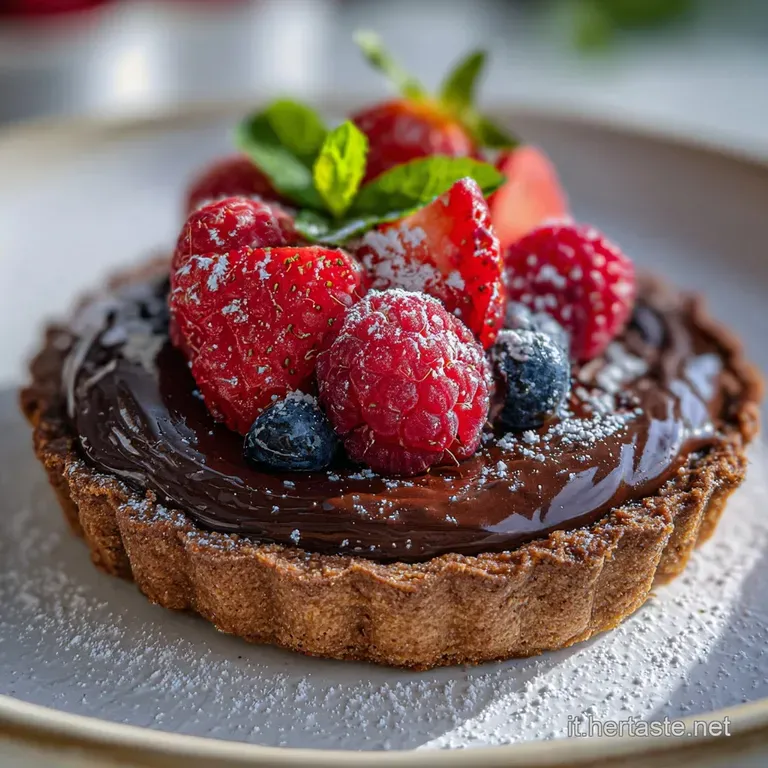 Slice of rich chocolate tart on a white plate. Crumbling, buttery crust contrasts with the smooth, dark chocolate filling....