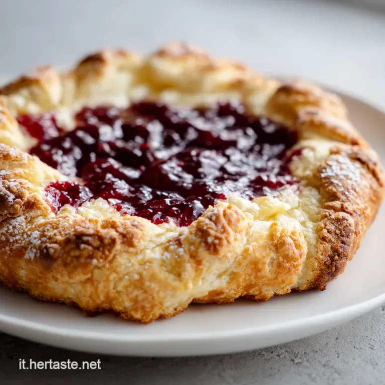 Slice of ricotta crostata with a glistening jam filling. Powdered sugar dusting adds a delicate sweetness to this rustic I...