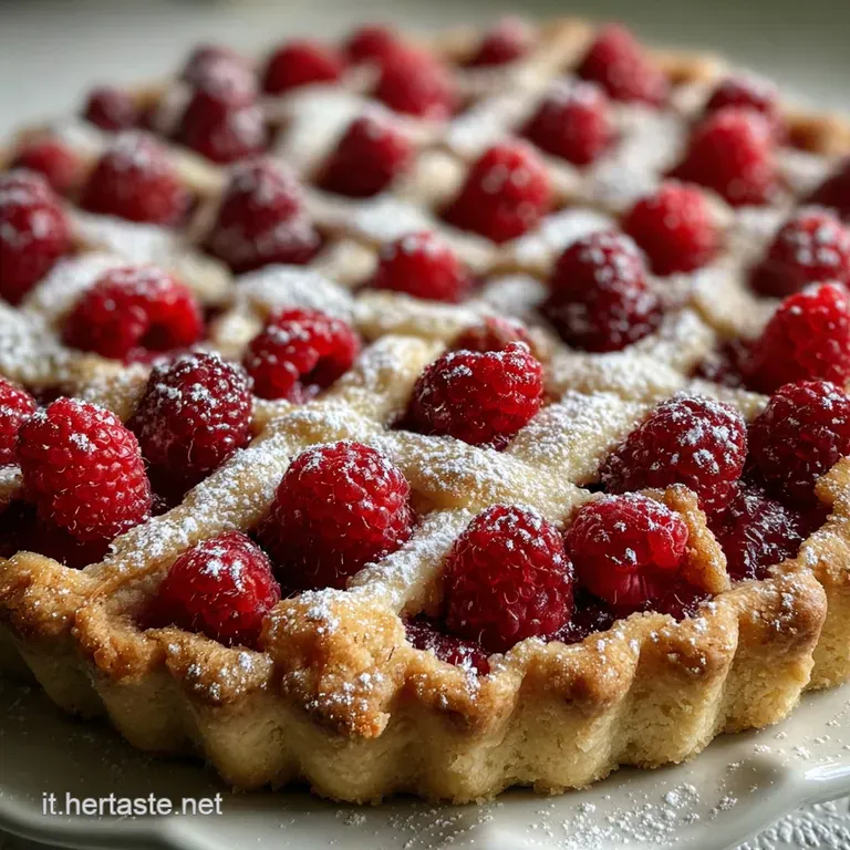 Slice of raspberry ricotta tart on a white plate. Light dusting of powdered sugar, hints of flaky crust, vibrant berry color.