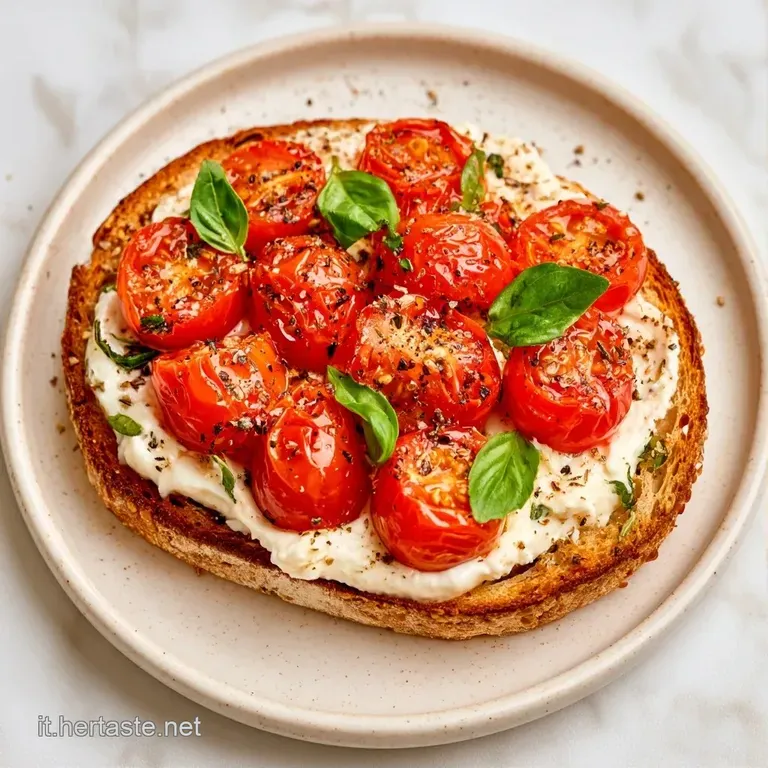 Fette di pane tostato croccante disposte con cura, farcite con formaggio morbido e pomodorini rossi su un piatto bianco.