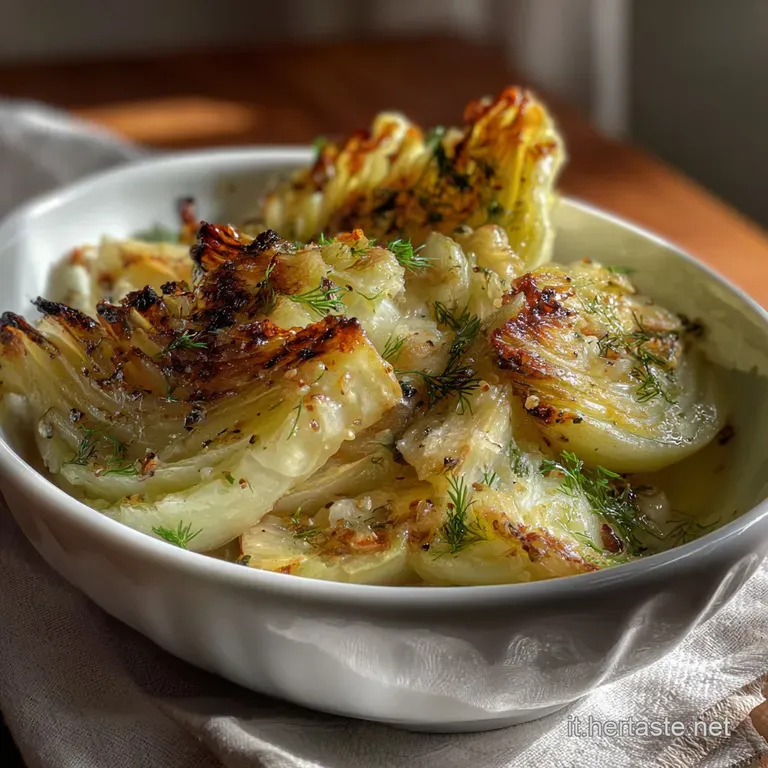Tidily arranged fennel in a small white bowl, drizzled with a rich glaze. The light catches the texture, promising a delig...