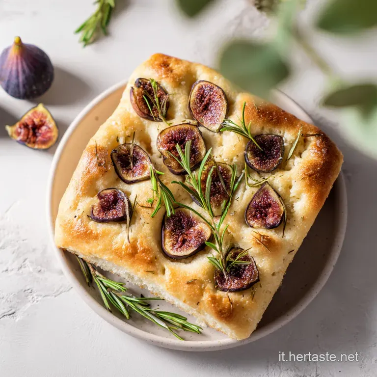 Fette di focaccia dorata disposte con cura su un piatto bianco, con fichi succosi e riflessi lucidi di miele.