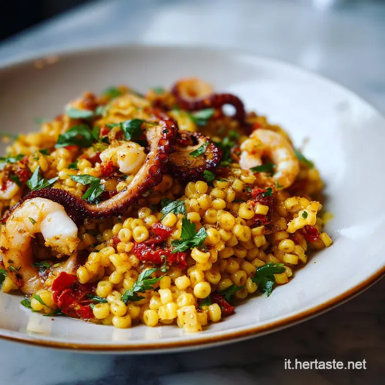 Perfectly plated fregola sarda with glistening seafood, garnished with fresh herbs and a drizzle of olive oil, evoking a r...