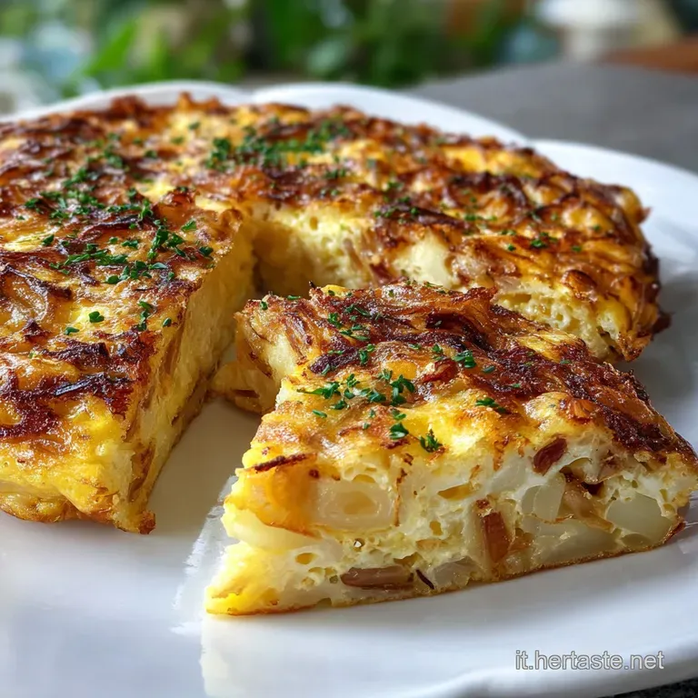 Slice of golden onion frittata on a white plate, garnished with fresh parsley, creating an elegant and flavorful presentat...